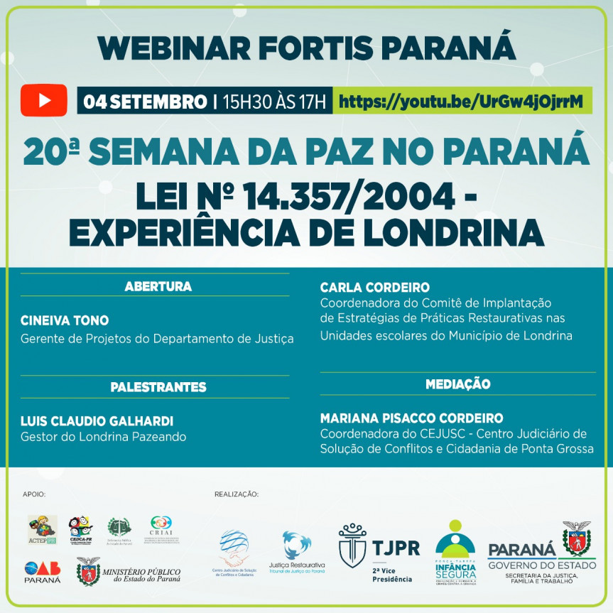 20ª Semana da Paz no Paraná é o tema do webinar organizado pela Força-Tarefa Infância Segura.