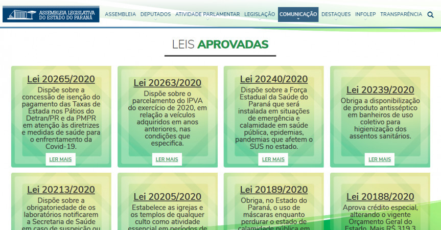 Espaço no site da Assembleia apresenta leis aprovadas durante a pandemia para que a população possa ter acesso aos seus direitos e acompanhar o trabalho realizado pelos deputados paranaenses.