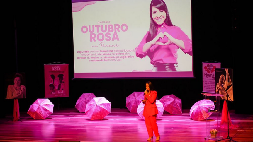 A presidente da Comissão de Defesa dos Direitos da Mulher na Assembleia Legislativa, a deputada Cantora Mara Lima (Republicanos), é autora da Lei 16.935/2011 que institui a Campanha Outubro Rosa no Paraná.