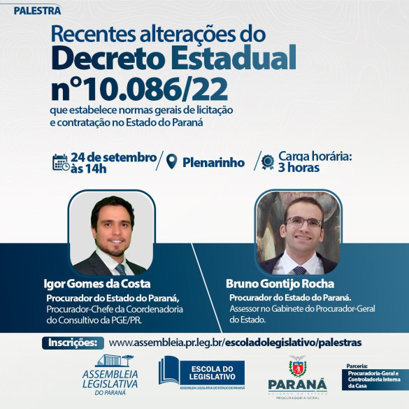 Assembleia Legislativa abre inscrições para a palestra sobre as alterações nas normas gerais de licitação e contratação no Estado do Paraná