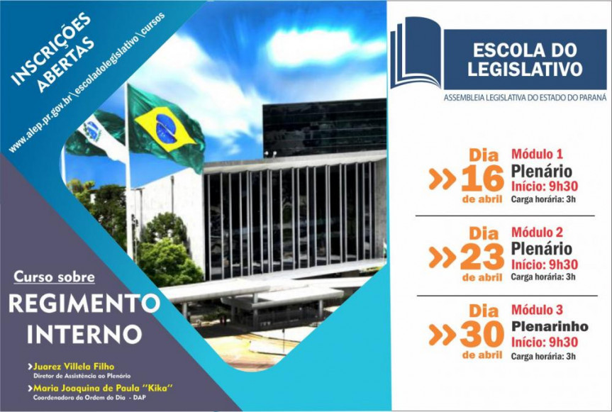 As inscrições para o curso sobre o Regimento Interno devem ser feitas no site da Escola do Legislativo