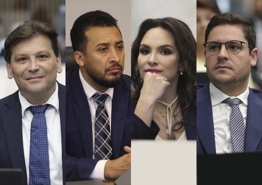 Bancada do Progressistas na Casa: (esq. p/ dir.) deputado Paulo Gomes, deputado Soldado Adriano José, líder do partido na Assembleia, a deputada Maria Victoria, presidente da legenda no estado, e o deputado Matheus Vermelho.