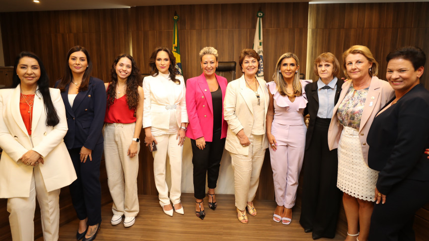 (Esq. p/ dir.) As deputadas Cantora Mara Lima (Republicanos), Mabel Canto (PSDB), Ana Júlia (PT), Maria Victoria (PP), Cloara Pinheiro (PSD), Cristina Silvestri (PSDB), Flávia Francischini (União), Luciana Rafagnin (PT), Márcia Huçulak (PSD) e Marli Paulino (SD), formam a Bancada Feminina na Assembleia.