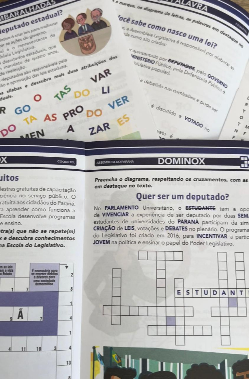 Além das conhecidas cruzadinhas, as informações estão em caça palavras, código secreto, embaralhadas, siga as linhas, risque as letras, jogo dos erros entre outros passatempos que ajudam a ampliar os conhecimentos sobre a Assembleia Legislativa.