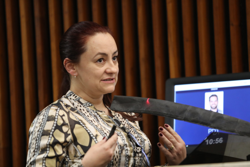A bioquímica e professora da Unioeste, campus de Francisco Beltrão, Carolina Panis, usou o grande expediente para falar sobre sua pesquisa relacionando o uso de agrotóxico com o câncer de mama.