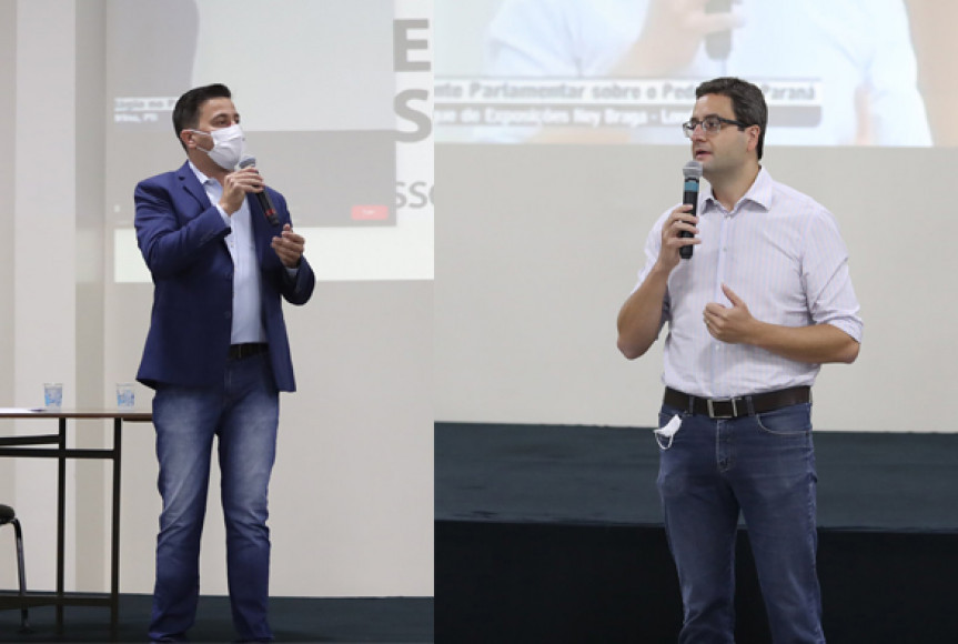 Deputados Arilson Chiorato e Homero Marchese, durante audiência pública da Frente do Pedágio na cidade de Londrina