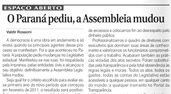 Em artigo publicado na Folha, Rossoni reafirma compromissos para a transformação do Legislativo