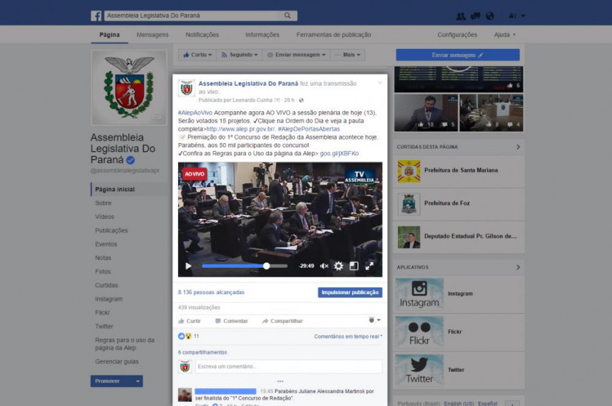 Facebook da Assembleia Legislativa do Paraná.