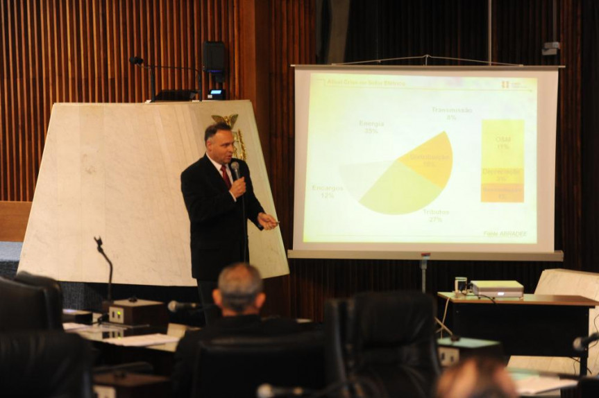 Presidente da Copel Distribuição S.A., Vlademir Daleffe durante explanação no Plenário da Assembleia.
