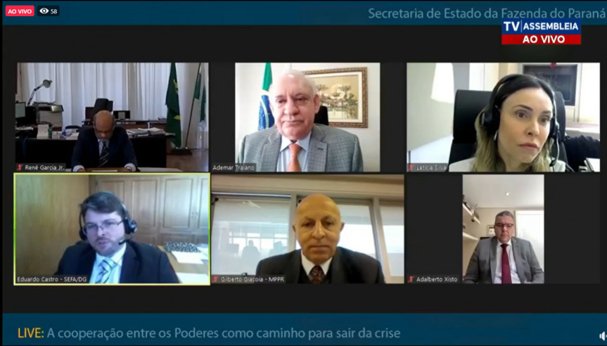 Presidente da Assembleia Legislativa, deputado Ademar Traiano, foi um dos participantes de encontro virtual promovido pela Secretaria da Fazenda que destacou a cooperação entre os Poderes para sair da crise do coronavírus.