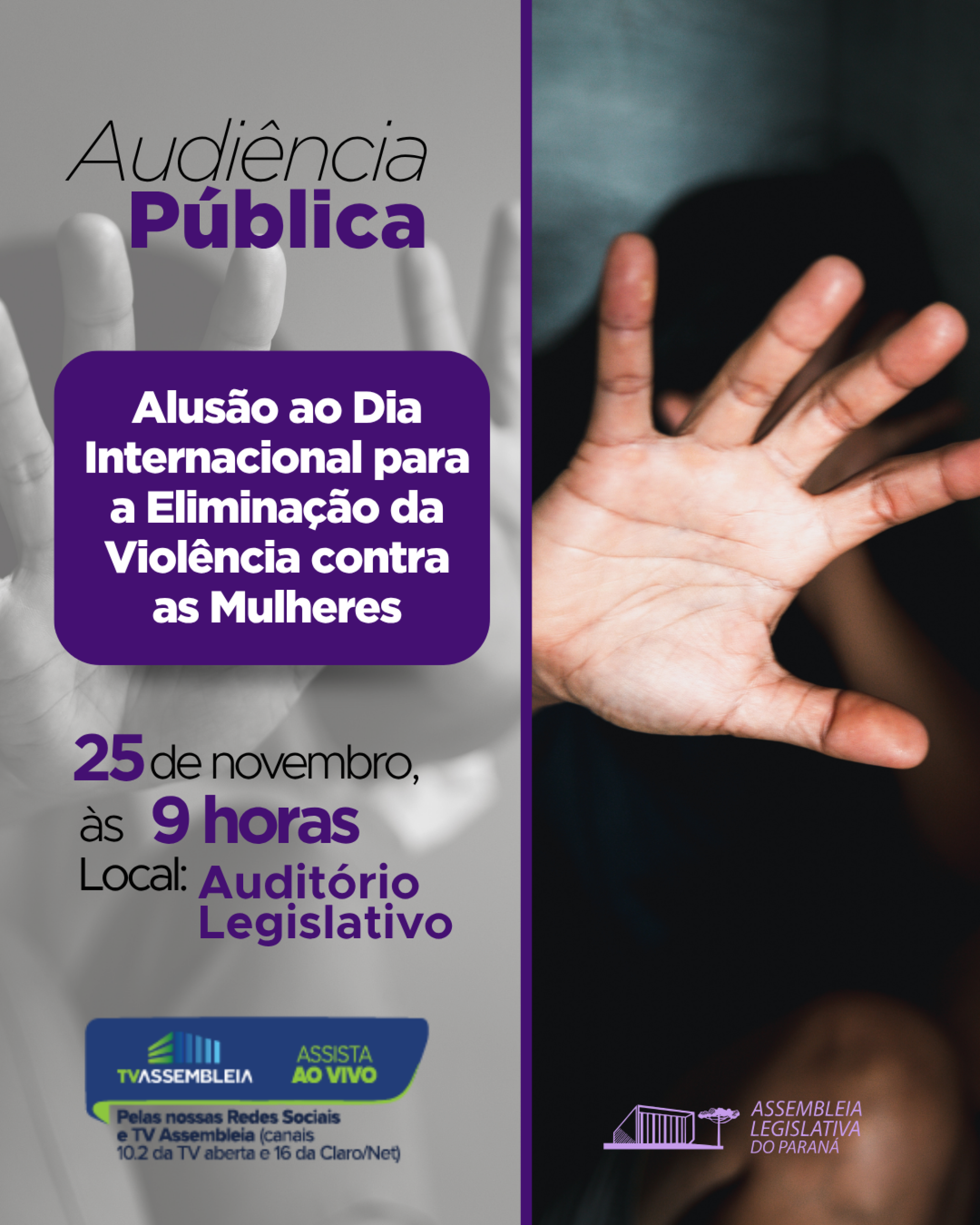 Audiência Pública na Assembleia vai reunir especialistas e autoridades para discutir o enfrentamento da violência contra a mulher no Paraná