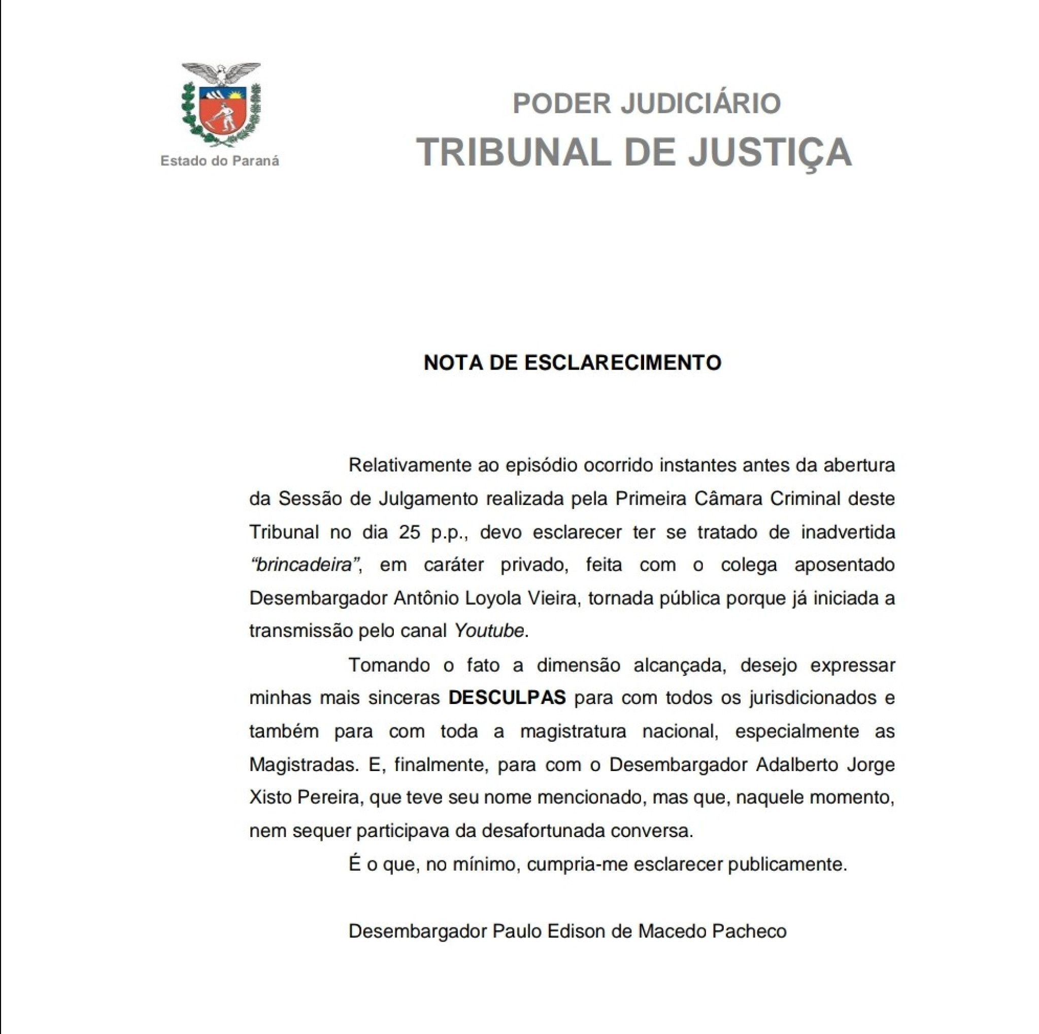 Nota de esclarecimento desembargador Paulo Edison de Macedo Pacheco