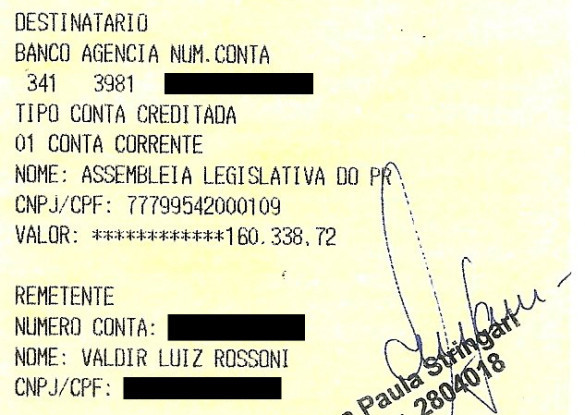 Rossoni restitui verba de representação aos cofres do Legislativo